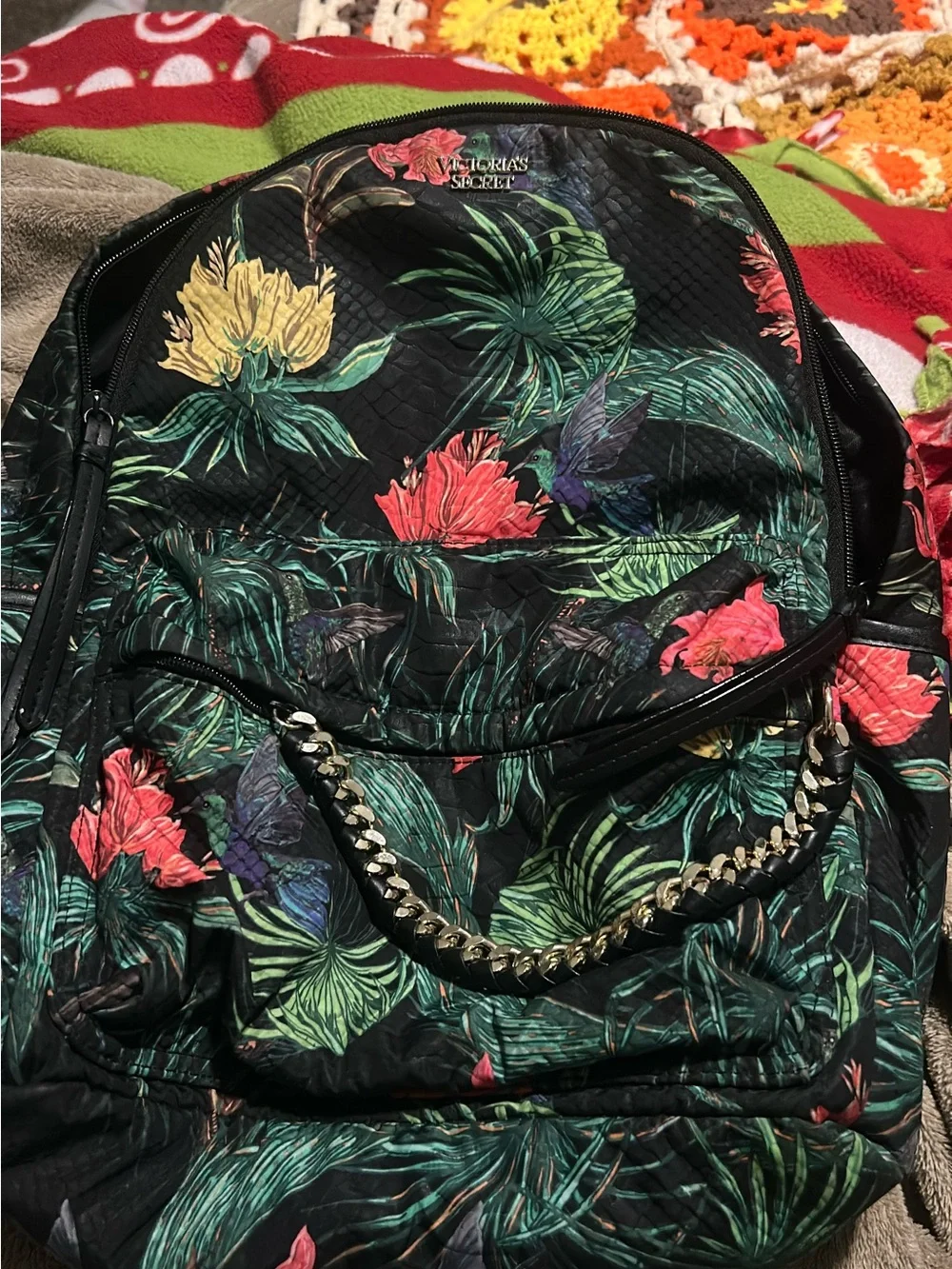 Victoria's Secret Black Tropical Floral Backpack with Chain Accent